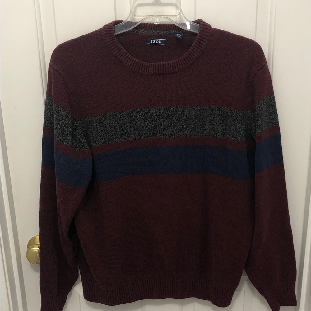 IZOD Men's Maroon Sweater with Charcoal and Navy Stripes